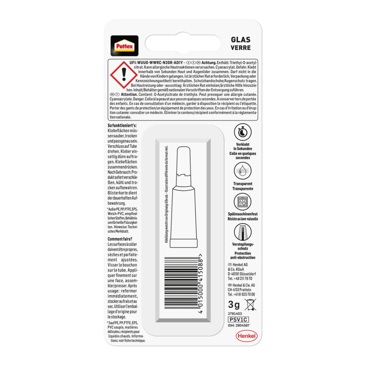 Pattex Sekundenkleber Glas flüssig 3g