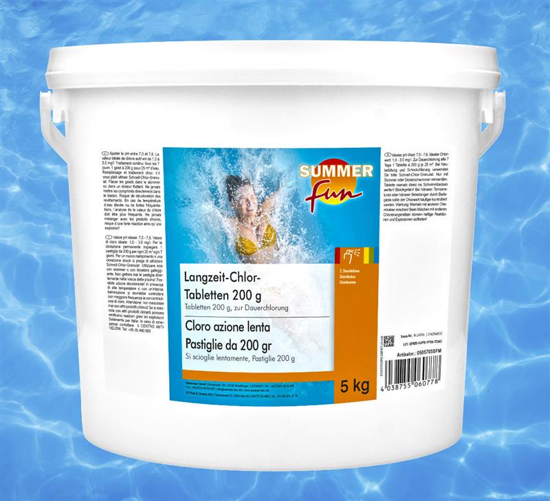 Pool Langzeit-Chlor-Tabletten je 200g, 5kg Eimer, langsam löslich