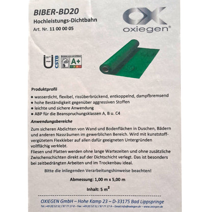 oxiegen BIBER-BD20 Abdichtbahn für Nassräume 5qm, 1m Breite