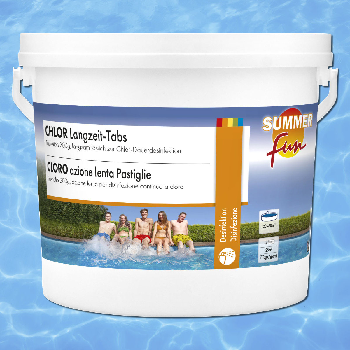Pool Chlor Langzeit Tabletten je 200g, 2,4kg Eimer